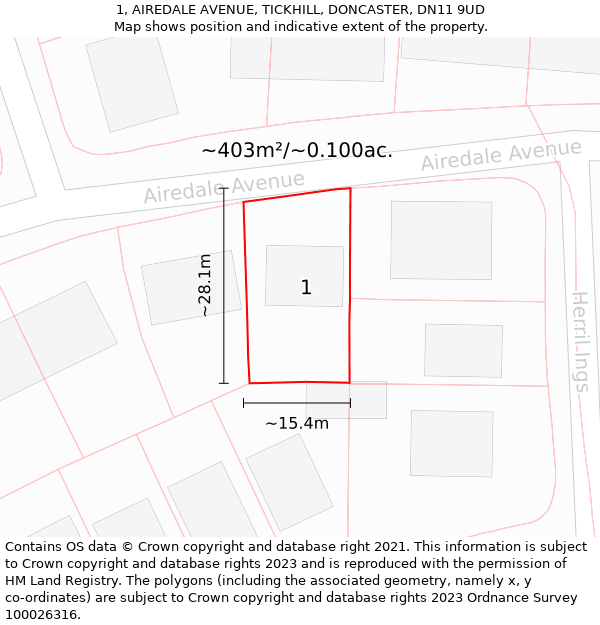 1, AIREDALE AVENUE, TICKHILL, DONCASTER, DN11 9UD: Plot and title map