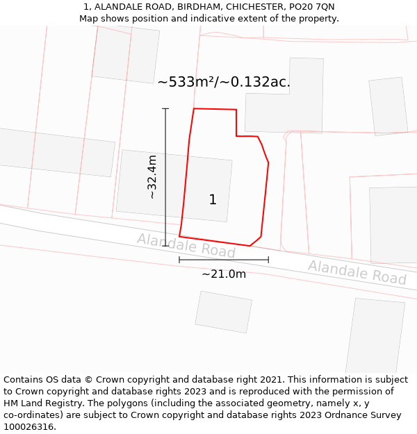 1, ALANDALE ROAD, BIRDHAM, CHICHESTER, PO20 7QN: Plot and title map