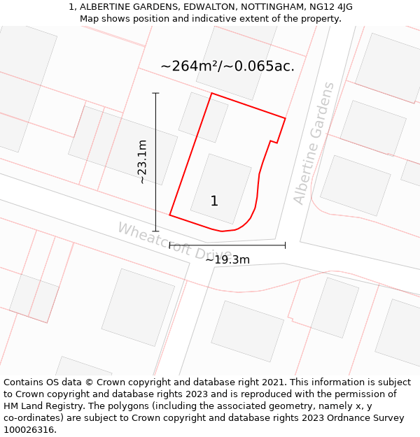 1, ALBERTINE GARDENS, EDWALTON, NOTTINGHAM, NG12 4JG: Plot and title map