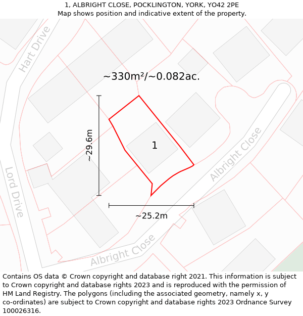 1, ALBRIGHT CLOSE, POCKLINGTON, YORK, YO42 2PE: Plot and title map