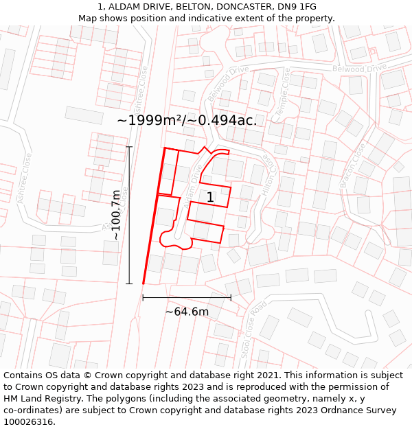 1, ALDAM DRIVE, BELTON, DONCASTER, DN9 1FG: Plot and title map