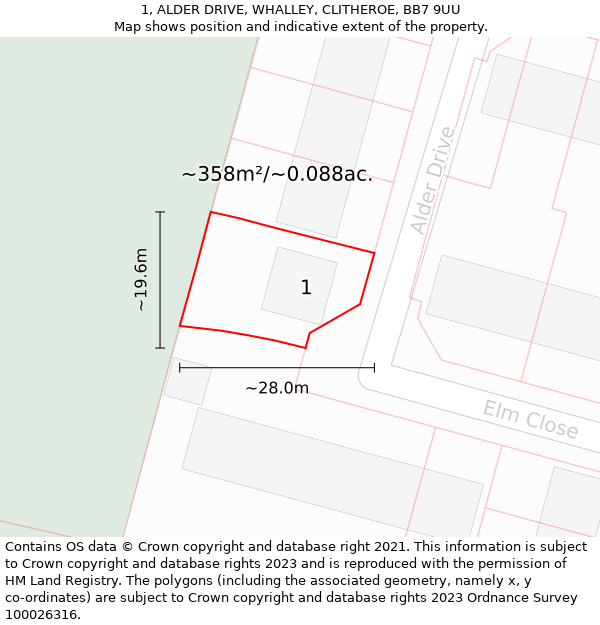 1, ALDER DRIVE, WHALLEY, CLITHEROE, BB7 9UU: Plot and title map