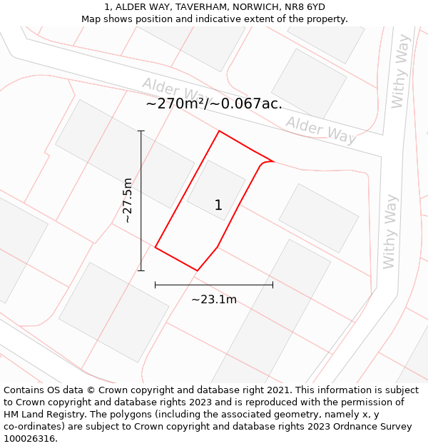 1, ALDER WAY, TAVERHAM, NORWICH, NR8 6YD: Plot and title map