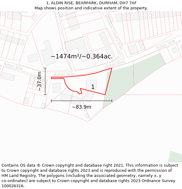 1, ALDIN RISE, BEARPARK, DURHAM, DH7 7AF: Plot and title map