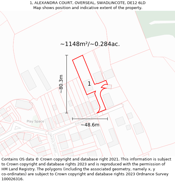 1, ALEXANDRA COURT, OVERSEAL, SWADLINCOTE, DE12 6LD: Plot and title map