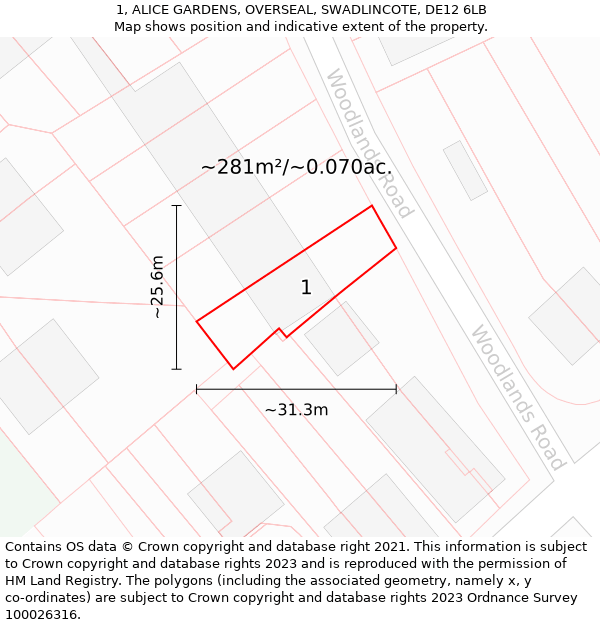 1, ALICE GARDENS, OVERSEAL, SWADLINCOTE, DE12 6LB: Plot and title map