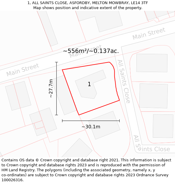 1, ALL SAINTS CLOSE, ASFORDBY, MELTON MOWBRAY, LE14 3TF: Plot and title map