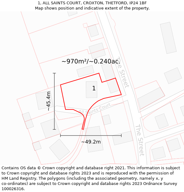 1, ALL SAINTS COURT, CROXTON, THETFORD, IP24 1BF: Plot and title map