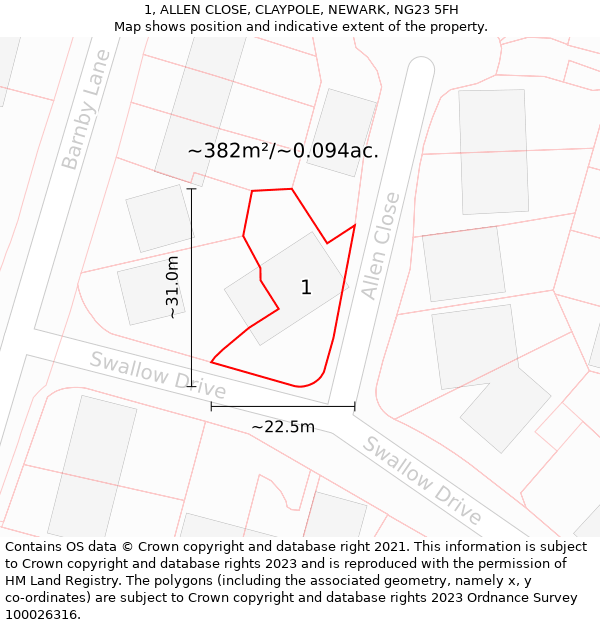 1, ALLEN CLOSE, CLAYPOLE, NEWARK, NG23 5FH: Plot and title map