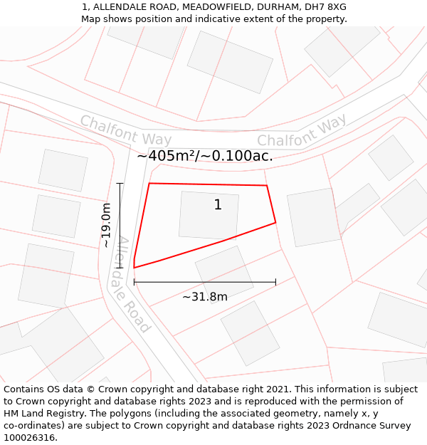 1, ALLENDALE ROAD, MEADOWFIELD, DURHAM, DH7 8XG: Plot and title map
