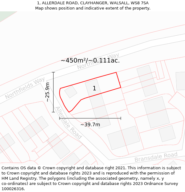 1, ALLERDALE ROAD, CLAYHANGER, WALSALL, WS8 7SA: Plot and title map