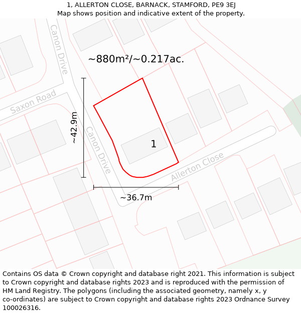 1, ALLERTON CLOSE, BARNACK, STAMFORD, PE9 3EJ: Plot and title map