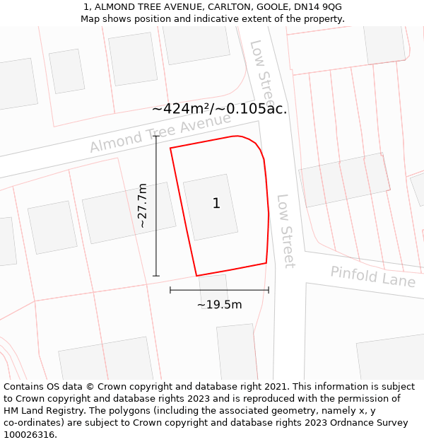 1, ALMOND TREE AVENUE, CARLTON, GOOLE, DN14 9QG: Plot and title map