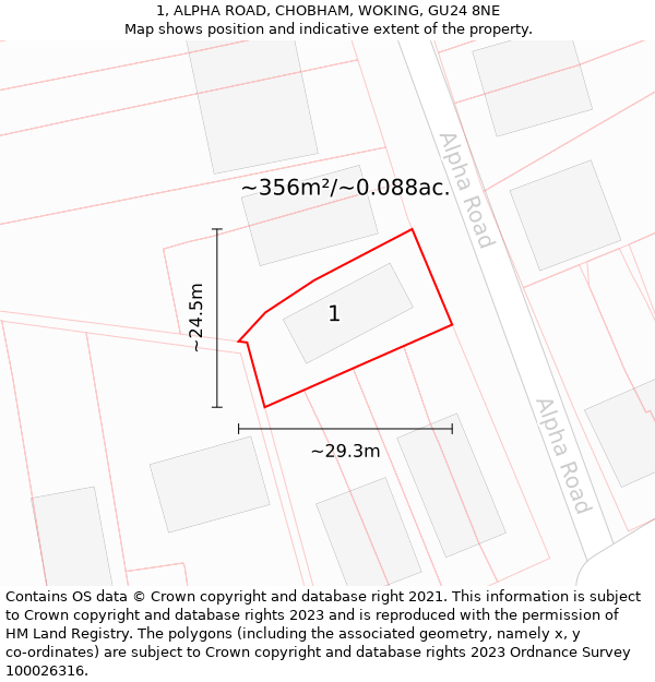 1, ALPHA ROAD, CHOBHAM, WOKING, GU24 8NE: Plot and title map