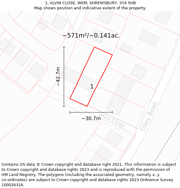 1, ALVIN CLOSE, WEM, SHREWSBURY, SY4 5HB: Plot and title map