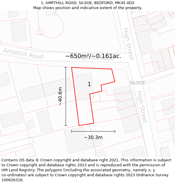 1, AMPTHILL ROAD, SILSOE, BEDFORD, MK45 4DX: Plot and title map