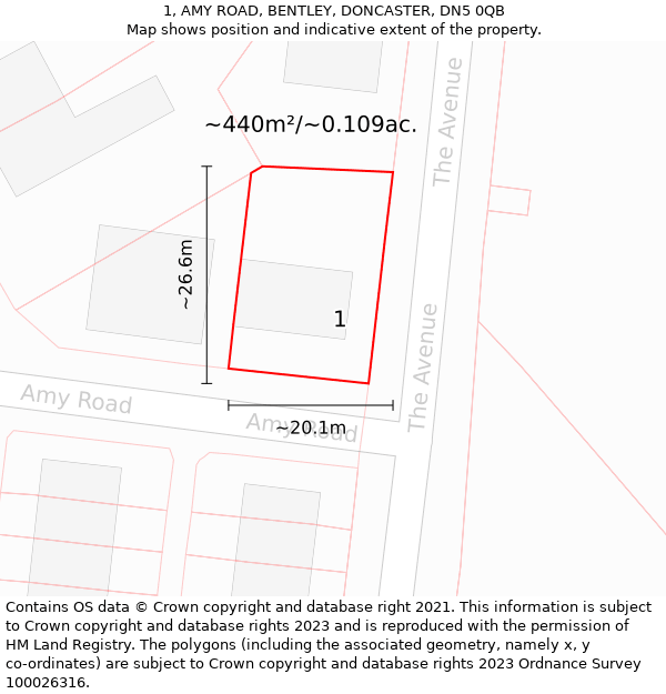 1, AMY ROAD, BENTLEY, DONCASTER, DN5 0QB: Plot and title map