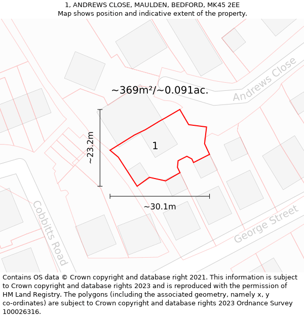 1, ANDREWS CLOSE, MAULDEN, BEDFORD, MK45 2EE: Plot and title map