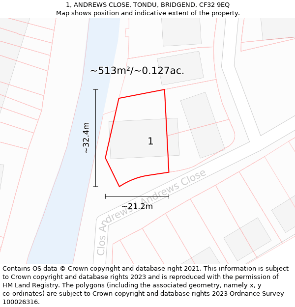 1, ANDREWS CLOSE, TONDU, BRIDGEND, CF32 9EQ: Plot and title map