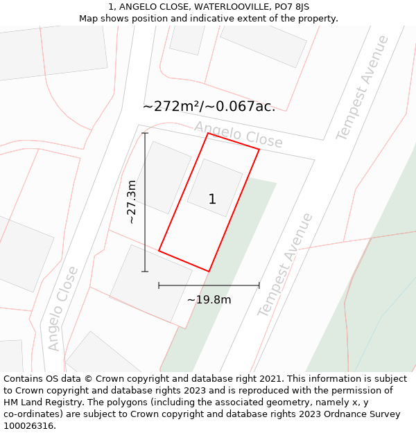 1, ANGELO CLOSE, WATERLOOVILLE, PO7 8JS: Plot and title map