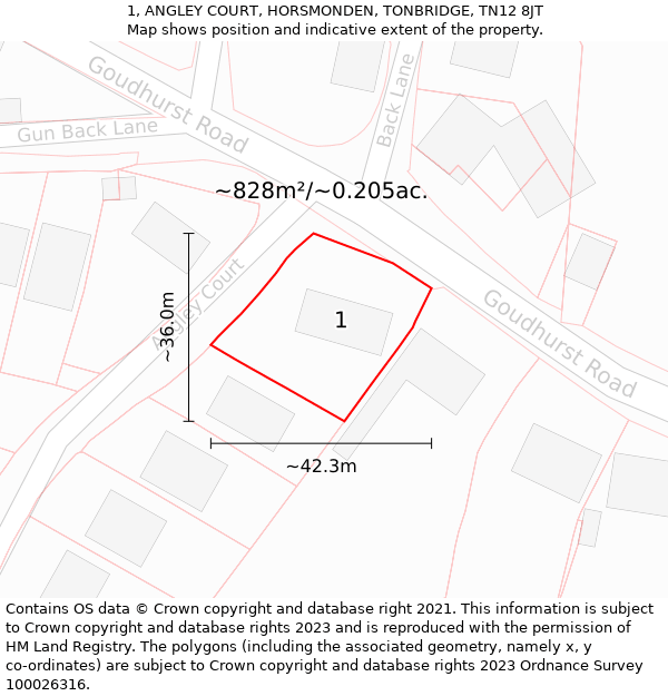 1, ANGLEY COURT, HORSMONDEN, TONBRIDGE, TN12 8JT: Plot and title map