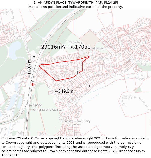 1, ANJARDYN PLACE, TYWARDREATH, PAR, PL24 2PJ: Plot and title map