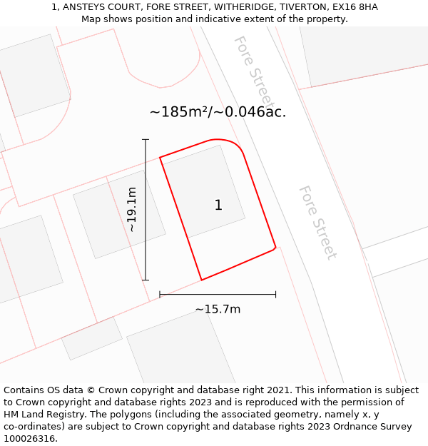 1, ANSTEYS COURT, FORE STREET, WITHERIDGE, TIVERTON, EX16 8HA: Plot and title map