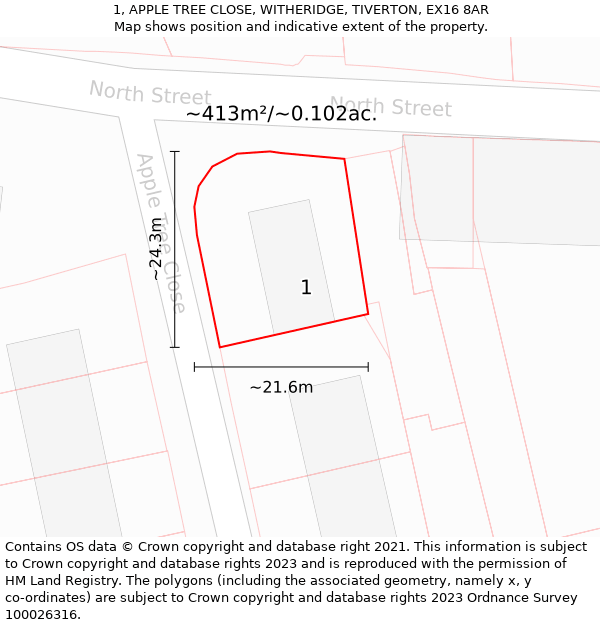 1, APPLE TREE CLOSE, WITHERIDGE, TIVERTON, EX16 8AR: Plot and title map