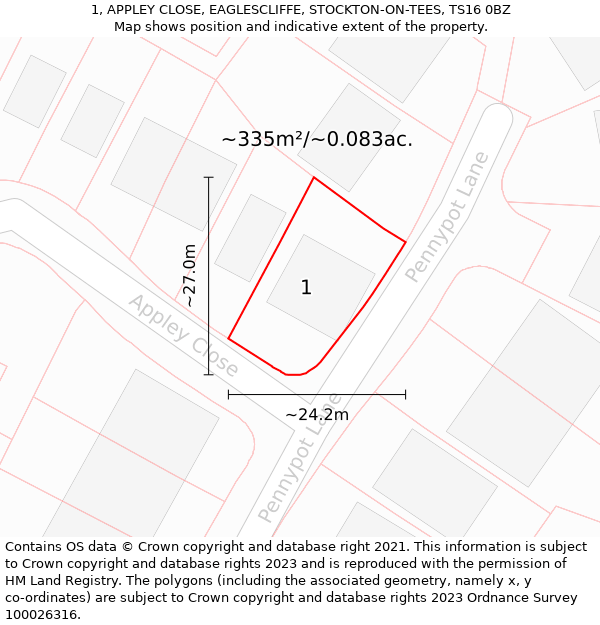 1, APPLEY CLOSE, EAGLESCLIFFE, STOCKTON-ON-TEES, TS16 0BZ: Plot and title map