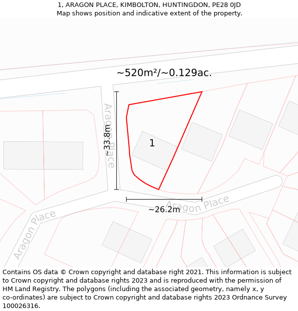 1, ARAGON PLACE, KIMBOLTON, HUNTINGDON, PE28 0JD: Plot and title map