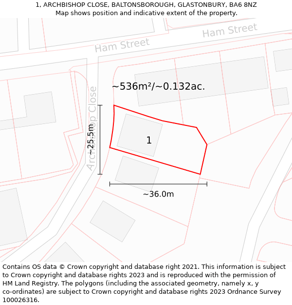 1, ARCHBISHOP CLOSE, BALTONSBOROUGH, GLASTONBURY, BA6 8NZ: Plot and title map