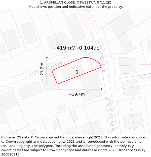 1, ARDMILLAN CLOSE, OSWESTRY, SY11 2JZ: Plot and title map