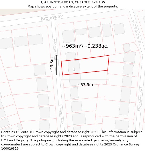 1, ARLINGTON ROAD, CHEADLE, SK8 1LW: Plot and title map