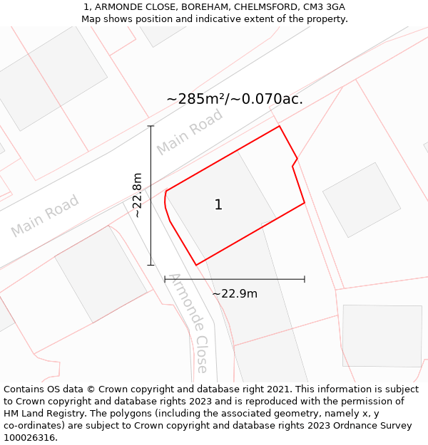 1, ARMONDE CLOSE, BOREHAM, CHELMSFORD, CM3 3GA: Plot and title map