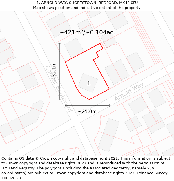 1, ARNOLD WAY, SHORTSTOWN, BEDFORD, MK42 0FU: Plot and title map