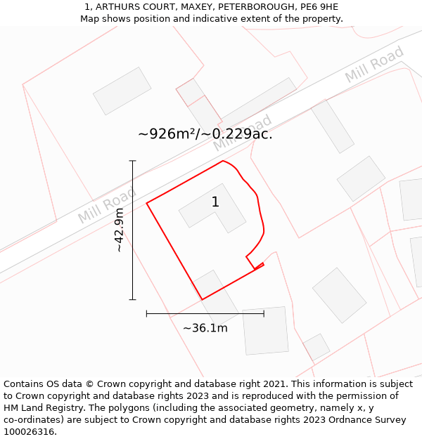 1, ARTHURS COURT, MAXEY, PETERBOROUGH, PE6 9HE: Plot and title map