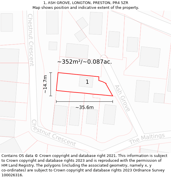 1, ASH GROVE, LONGTON, PRESTON, PR4 5ZR: Plot and title map