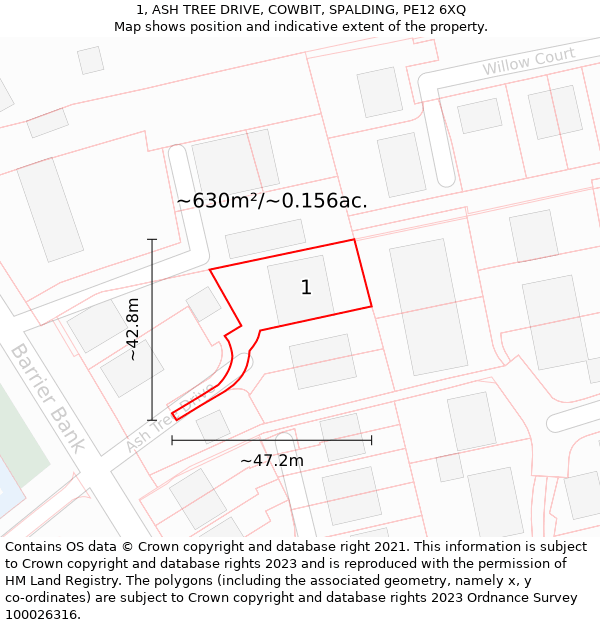 1, ASH TREE DRIVE, COWBIT, SPALDING, PE12 6XQ: Plot and title map