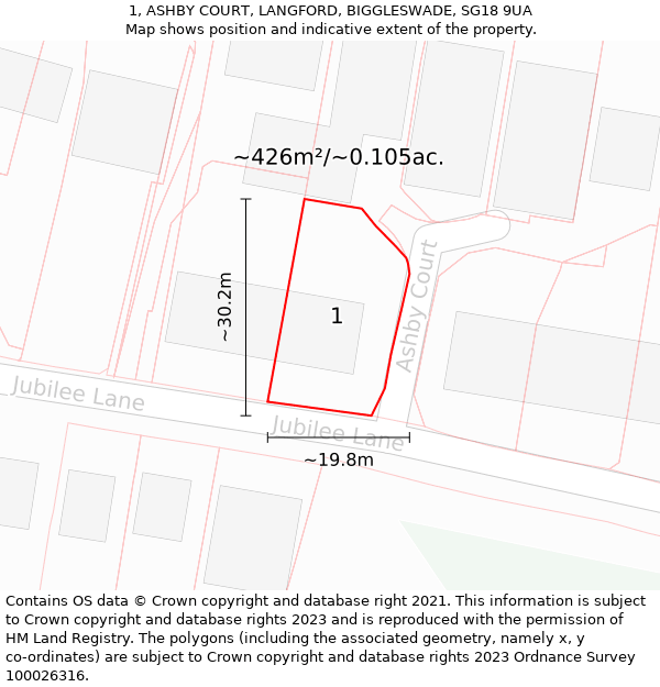 1, ASHBY COURT, LANGFORD, BIGGLESWADE, SG18 9UA: Plot and title map