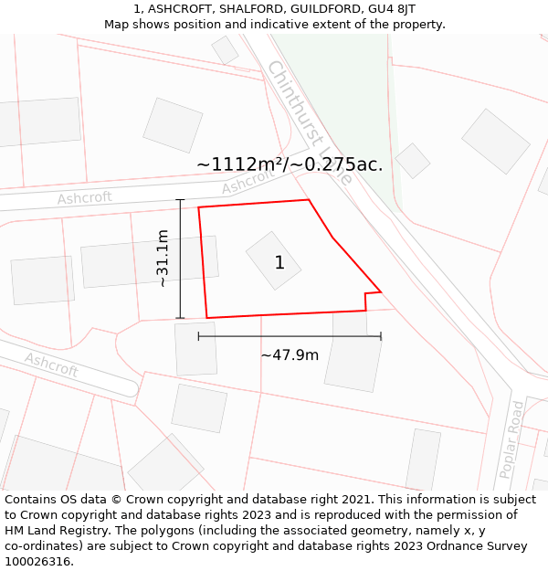 1, ASHCROFT, SHALFORD, GUILDFORD, GU4 8JT: Plot and title map