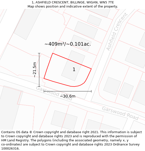 1, ASHFIELD CRESCENT, BILLINGE, WIGAN, WN5 7TE: Plot and title map