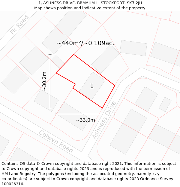 1, ASHNESS DRIVE, BRAMHALL, STOCKPORT, SK7 2JH: Plot and title map