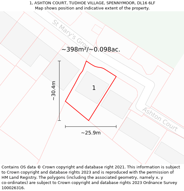 1, ASHTON COURT, TUDHOE VILLAGE, SPENNYMOOR, DL16 6LF: Plot and title map