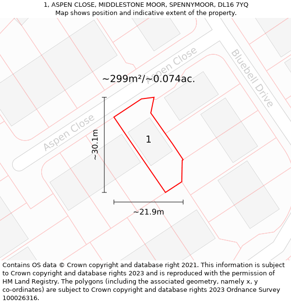 1, ASPEN CLOSE, MIDDLESTONE MOOR, SPENNYMOOR, DL16 7YQ: Plot and title map