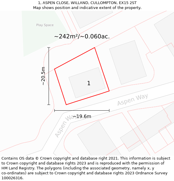 1, ASPEN CLOSE, WILLAND, CULLOMPTON, EX15 2ST: Plot and title map