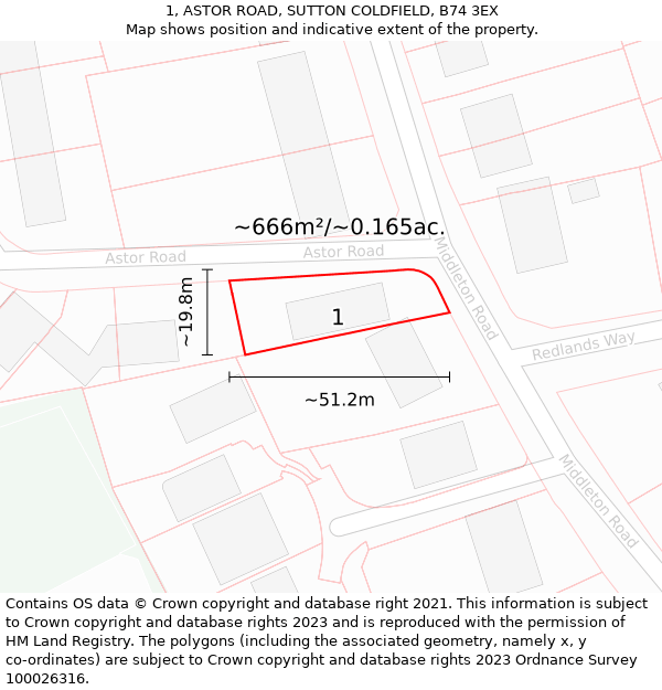 1, ASTOR ROAD, SUTTON COLDFIELD, B74 3EX: Plot and title map