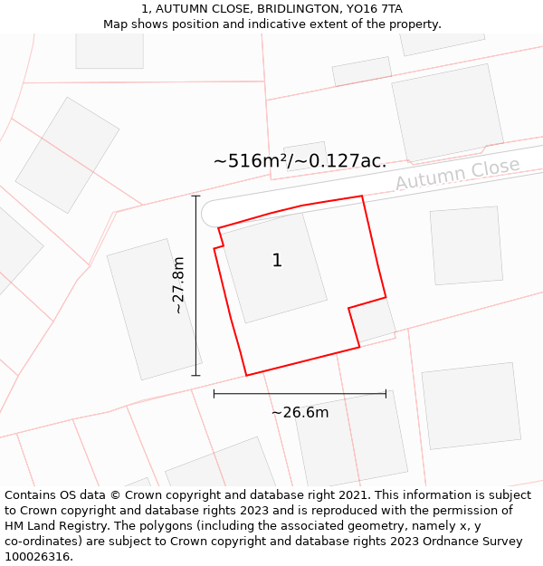 1, AUTUMN CLOSE, BRIDLINGTON, YO16 7TA: Plot and title map