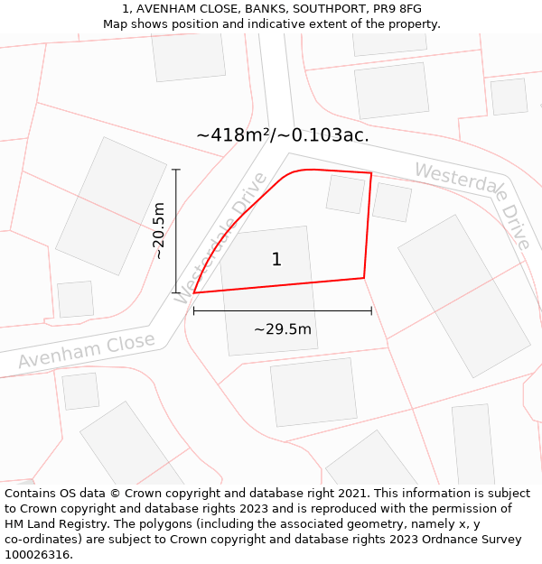 1, AVENHAM CLOSE, BANKS, SOUTHPORT, PR9 8FG: Plot and title map