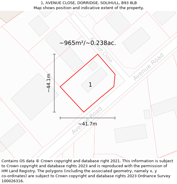 1, AVENUE CLOSE, DORRIDGE, SOLIHULL, B93 8LB: Plot and title map