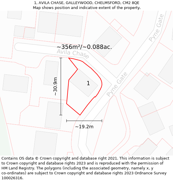 1, AVILA CHASE, GALLEYWOOD, CHELMSFORD, CM2 8QE: Plot and title map